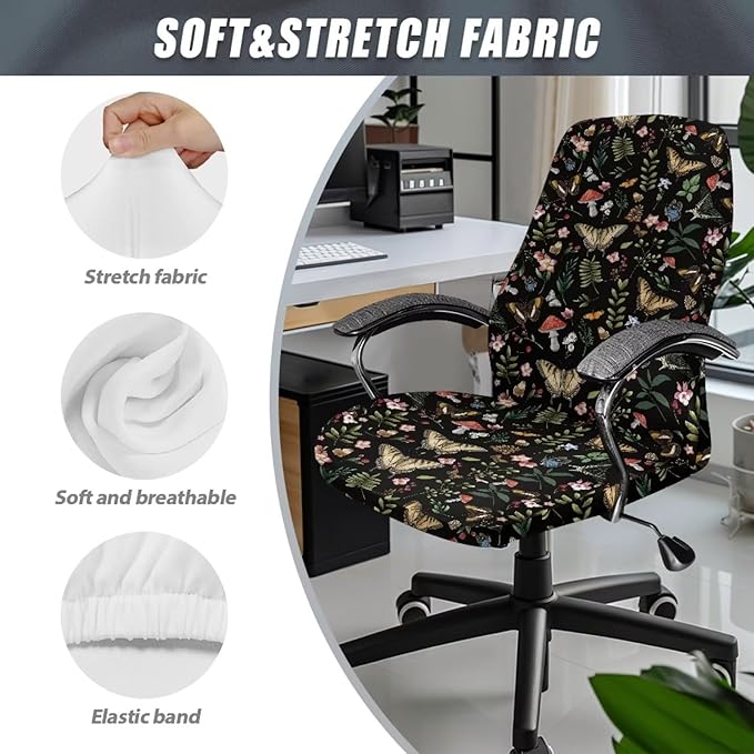Talayituse Butterfly Mushroom Flower Print Office Chair Cover Jacquard Armrest Swivel Chair Slipcovers Removable Stretch Universal Computer Chair Cover, S