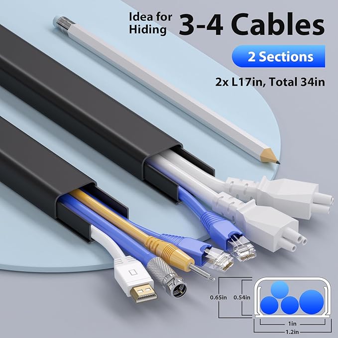 34in (2X L17in) Large Wire Hiders for TV on Wall for 3-4 Cords, TV Cord Hider for Wall Mounted TV, PVC Cable Cover Kit with Pre-Applied Adhesive Tape, Ideal for Wall Mounted TVs, W1.2in H0.7in Black