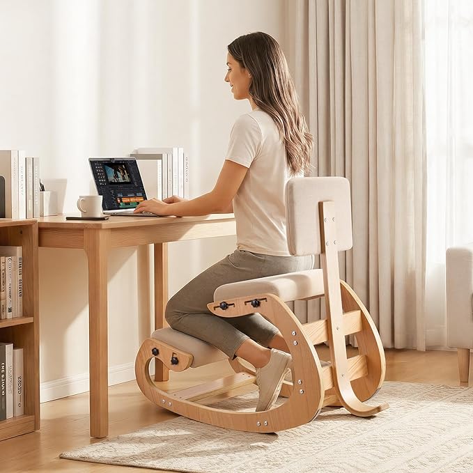 VEVOR Ergonomic Kneeling Chair, Wooden Posture Knee Chair with Adjustable Thick Foam Cushions, Backrest and Wood Frame, Adjustable Height, Relief for Neck or Back Pain for Home, Office or Meditation
