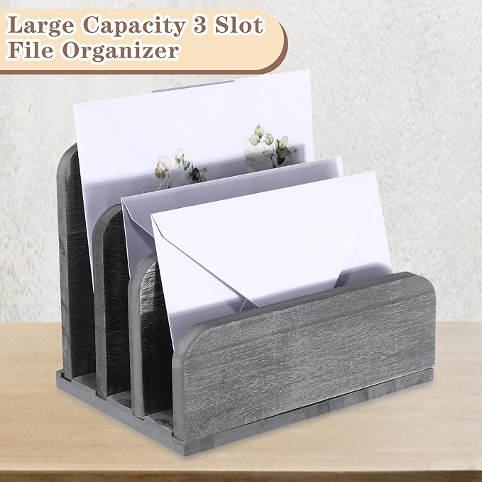 Briwooody Wooden Mail Organizer 3 Slots Mail Holder for Desk Wood File Paper Letter Holder for Letter Envelope Filing Cell Phone Document Storage, Organizer Tray for Office and Home(Grey)