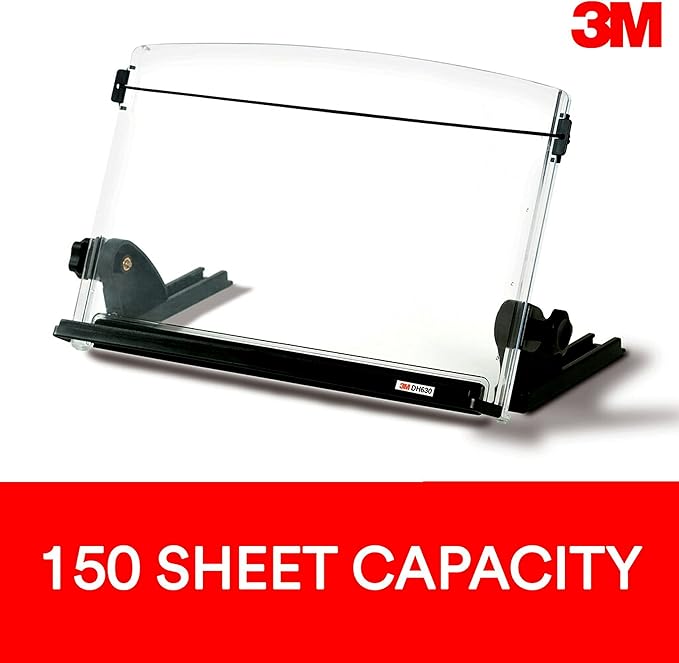 3M Adjustable Document Copy Holder, Inline with Monitor Minimizing Head and Neck Movement, 150 Sheet Capacity, Holds Sheets and Books, Elastic Guide Keeps Pages Open, 14 in Wide, Black/Clear (DH630)