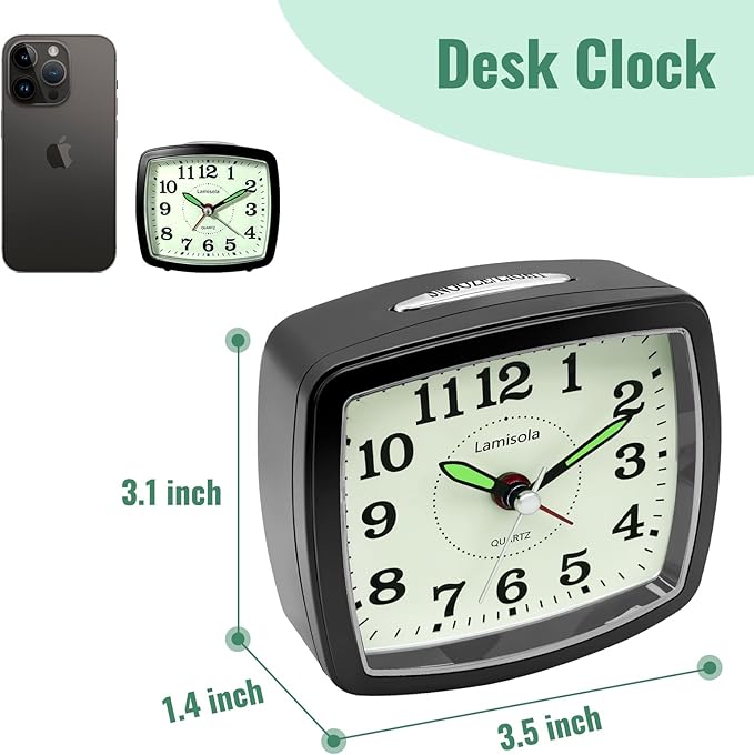 Lamisola Small Battery Alarm Clock for Bedrooms, Analog Travel Clocks, Bedside Desk Table Clock for Room Decor, Slient, Big Numbers for Seniors, Gently Ascending Alarm for Heavy Sleepers, Black