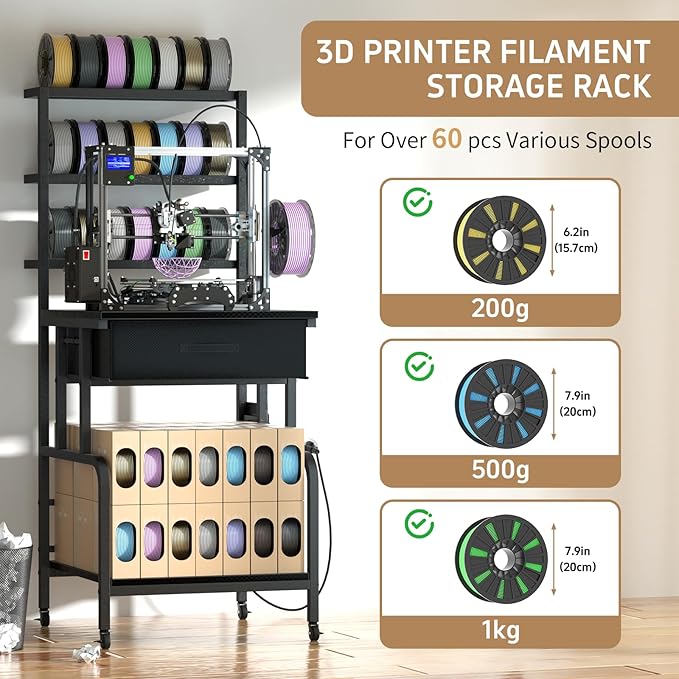 3D Printer Stand with Filament Storage,3D Printer Rack with Storage Drawer，Heavy-Duty 3D Printers Table with Power Outlet，for ABS/PLA/TPU Spools, Home Office Studi