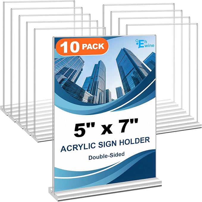 EHWINE 10 Pack Acrylic Sign Holders 5x7 Double-Sided Tabletop Display Stands for Menus Flyers & Signs, Clear Acrylic Picture Frame for Office Business Store & Events