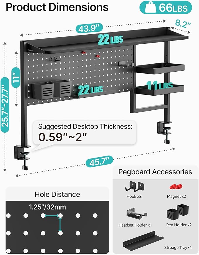 PEGZONE Clamp on Desk Shelf, 44" Desktop Shelving System with Pegboard and Accessories, Desktop Organizer with 2-Tier Shelf, Desk Pegboard for Office Home Gaming, Black