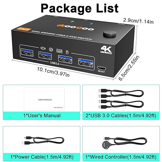 KVM Switch 2 Monitors 2 Computers 4K@60Hz,DP+HDMI USB3.0 Dual Monitor KVM Switches with 4 USB 3.0 Port,Wired Remote,USB3.0 Cables Included(4K60Hz 2 PC 2 Monitor KVM)