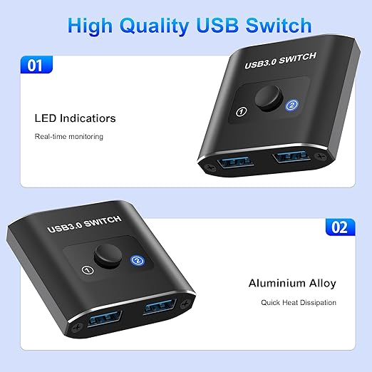 USB 3.0 Switch, Bi-Directional USB Switch 1 in 2 Out/2 in 1 Out, USB Switcher 2 Computers Sharing Devices Like for Printer, Keyboard, Scanner, Mouse, USB KVM Switch Compatible with Mac/Win/Linux