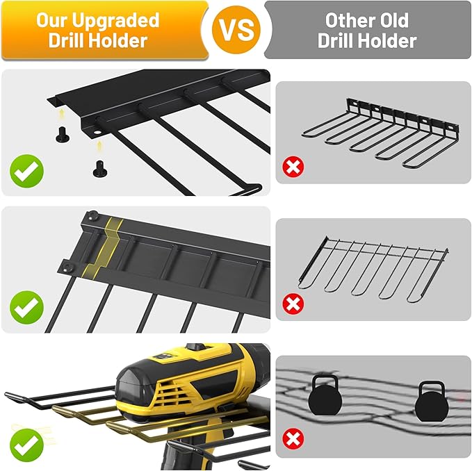 Power Tool Organizer Wall Mount wtih Charging Station,4 Drill Holder Wall Mount with 8 Outlet Power Strip,Heavy Duty Tool Rack with Hooks,Screwdriver Organizer in Garage(Glossy Black,4 Layer)