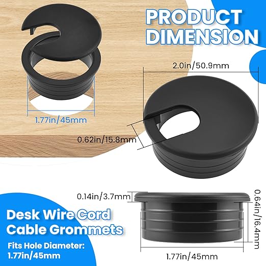 1-3/4 inch(45mm) Black Desk Hole Cover Grommet ABS Plastic Wire Organizers for Computer Desk Cabinet (3 Pack)