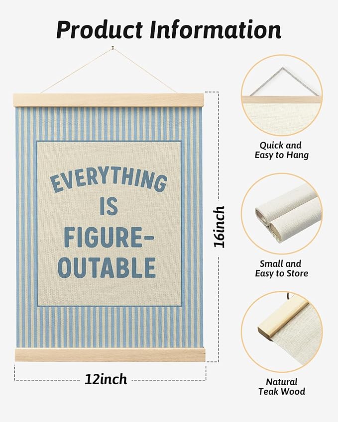 FGFK Preppy Blue Everything Is Figureoutable Inspirational Wall Art Poster Hanger Frame, Trendy Blue Striped Positive Affirmations Canvas Prints Framed Wall Decor for Girls Bedroom Dorm, 12x16 Inch