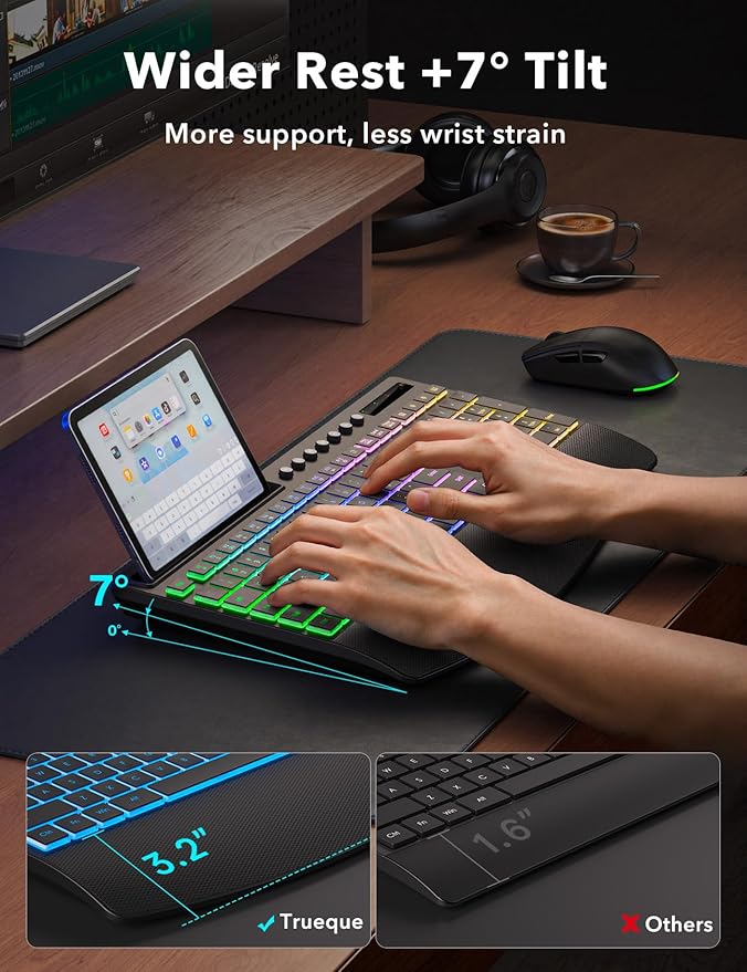 Wireless Keyboard and Mouse Combo - 4000mAh Rechargeable Backlit Keyboard with Wrist Rest & Phone Holder, Full Size Quiet Typing 2.4G USB-A/Type-C for PC, Laptop, Windows, Mac, Trueque KM22 Ultra