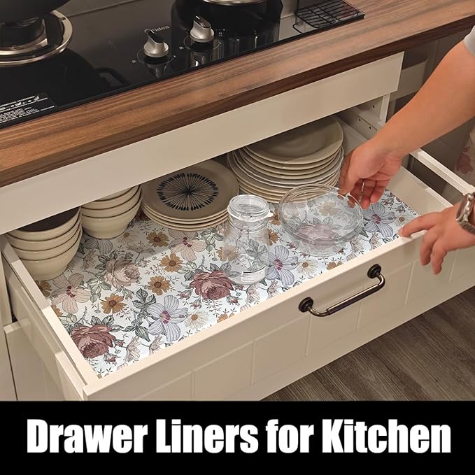 Floral Drawer Shelf Liners, 16IN x 20FT Non Adhesive and Strong Non-Slip Cabinet Drawer Shelf Liners for Kitchen Wire Fridge, Waterproof Shelf Liner,Easy to Clean