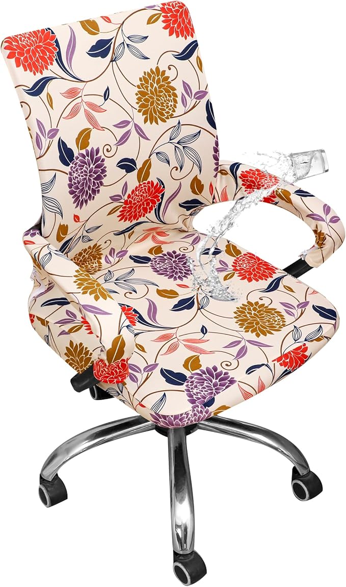 Waterproof Office Chair Cover with Armrest Cover 18Inch Wide Stretch Printed Floral Small Desk Computer Chair Covers with Long Zipper Arm Slipcovers Washable