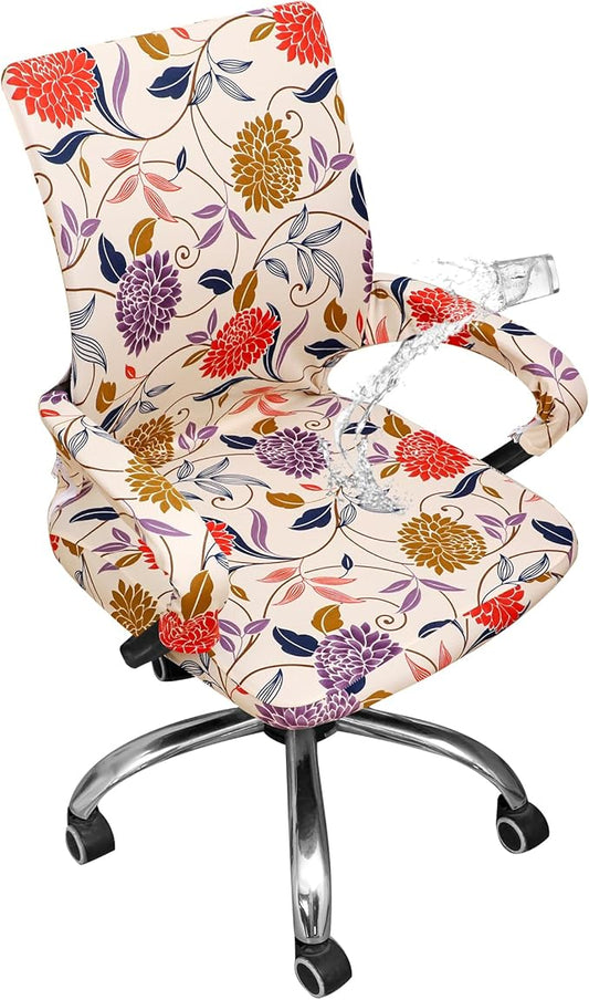 Waterproof Office Chair Cover with Armrest Cover 18Inch Wide Stretch Printed Floral Small Desk Computer Chair Covers with Long Zipper Arm Slipcovers Washable