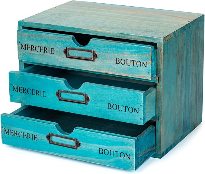 Turquoise 3-Tier Drawer Unit - European Country Style Desk Organizer Box - 9.7x7x7.5" Wooden Teal Stackable Drawers - Countertop Organizer Drawers w/Label Holder - Triple File Drawer Unit