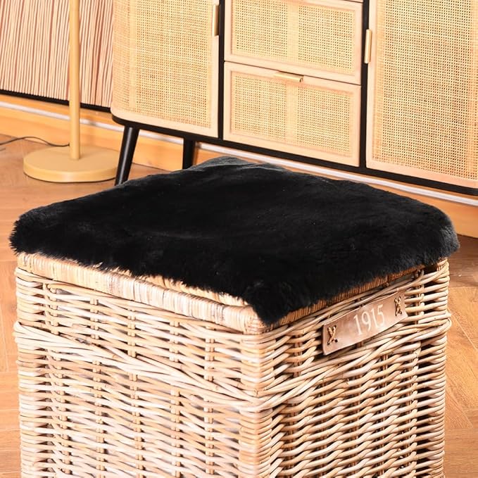 LLB Sheepskin Chair Covers Office Chair Cushion Dining Room Chair Pads Desk Chair Seat Cushion for Computer Chair Fur Area Rugs for Living Room 19x19 Inch (Pack of 1), Shearling Black