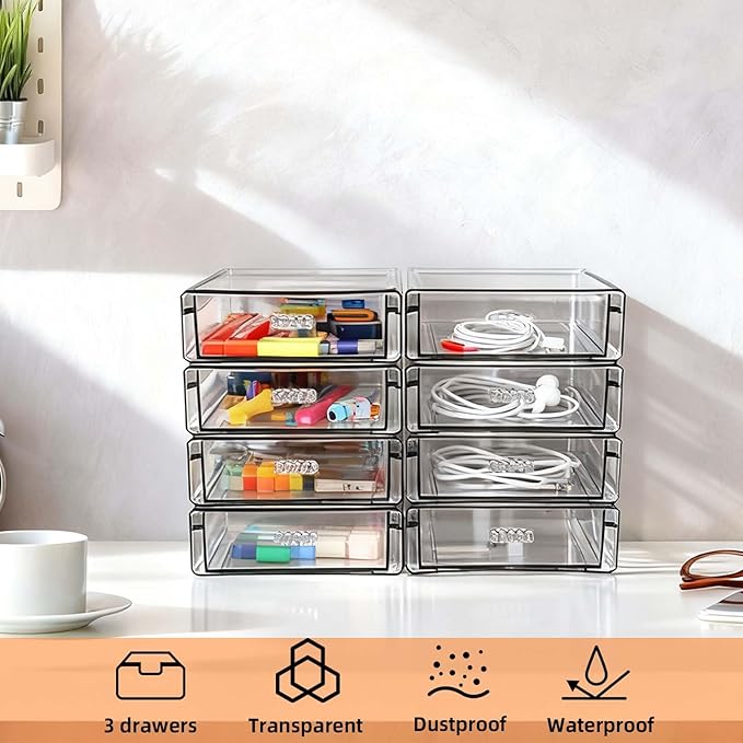 Drawer Organizers, Clear Stackable Storage Boxes for Kitchen Utensils, Office Desk, Bathroom, Makeup & Craft Drawer Organization (Small - 8 Pack)