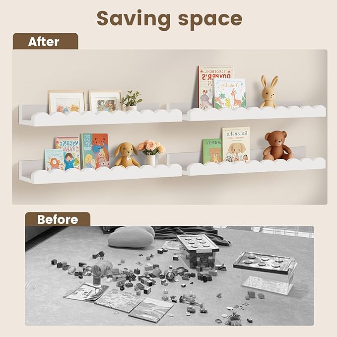 4-Pack Scalloped Shelves, Nursery Shelves for Wall, Floating Nursery Book Shelves for Kids, White