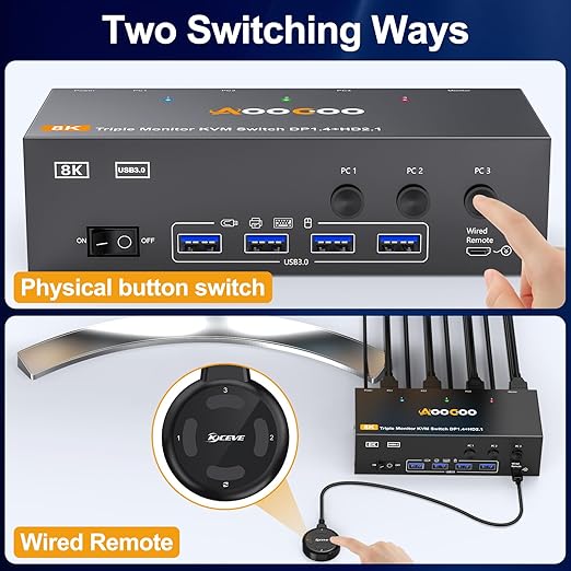 8K@60Hz HDMI Displayport KVM Switch 3 Monitors 3 Computers 4K@144Hz Triple Monitor KVM Switches with USB 3.0 Port,Wired Remote,Power Adapter and USB3.0 Cables(16.2 cm 3 PC 3 Monitor 8K KVM)