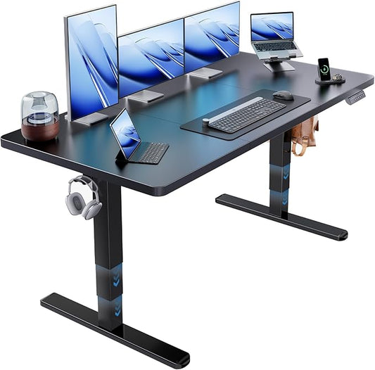 HUANUO 59x30 Inch 3-Stage Legs Electric Standing Desk, Large Height Adjustable Office Desk with Brushless Motor, Stand Up Desk with 4 Memory Presets & 2 Hooks, Computer Desk for Home Office, Black
