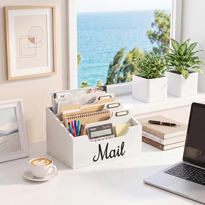 Rustic Wood Mail Organizer Countertop with 4 Slots, White Mail Holder for Desk, Removable Dividers Mail Sorter, Letter Bill File Organizer for Home Office Classroom, Desktop Organizer with Free Labels