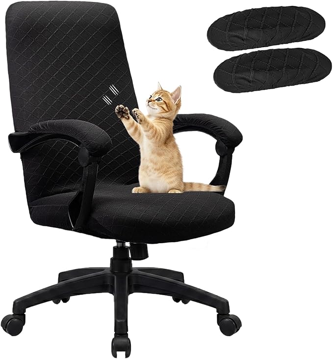 Stretch Jacquard Office Chair Cover with Armrest Covers, Removable Washable Desk Chair Cover, Anti-dust Seat Cushion Protectors - Large, Black