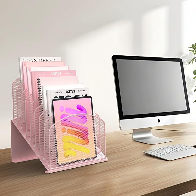 Inclined Desk File Organizer Metal Desk Magazine Folder Holder with 8-Section Vertical Compartments Rack File Organizer for Office, Home, School, Pink