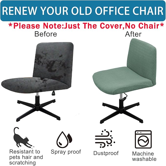 Vanity Chair Cover Criss Cross Chair Cover Waterproof and Elastic Armless Chair Slipcover Armless Chair Covers Office Chair Covers (Green,Just The Cover,No Chair)
