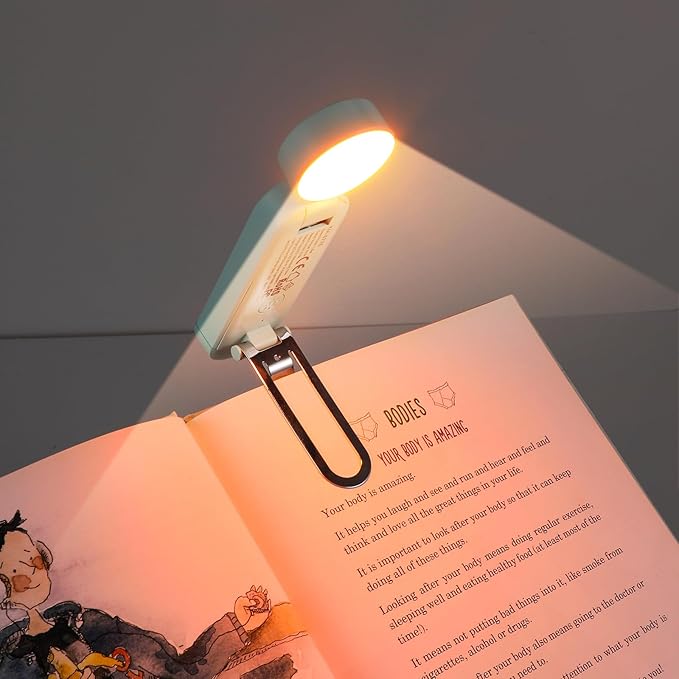 VAVOFO USB Rechargeable Book Light, Blue Light Blocking, Amber Light Clip On Bookmark Shaped Reading Light, Eye Care 6 LEDs Book Light for Bookworms Reading in Bed with 9 Lighting Modes (Powder Green)