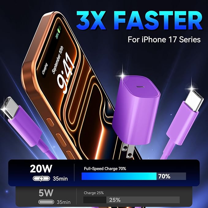 Phone 17 16 15 Pro Charger Fast Charging, 20W USB C Fast Charger Block with 6.6FT Long Type C Chargers Fast Charging Cable Cord for Phone 17/17 Pro/17 Pro Max/Air/16 Pro Max/16 Pro/15Pro Max/Pro, S24