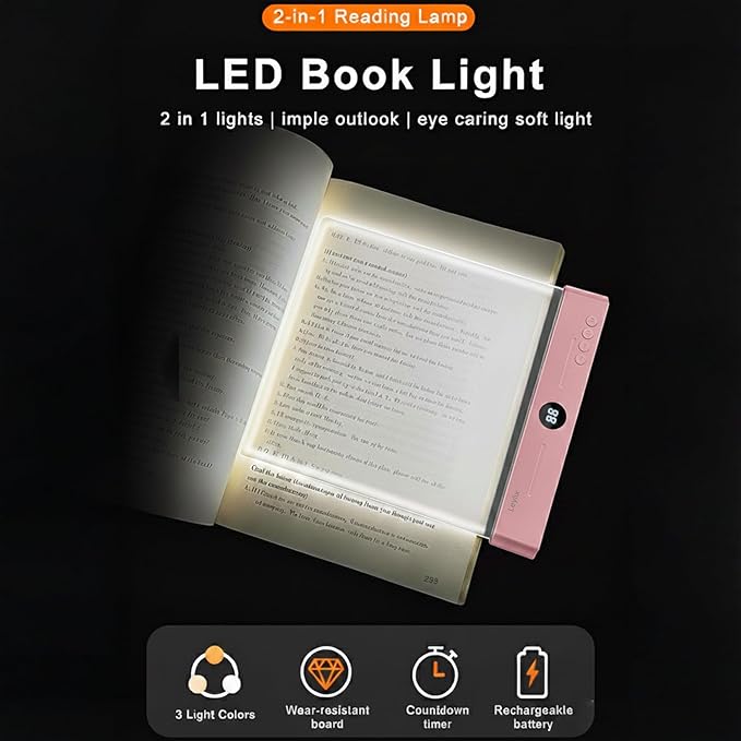 XL LED Flat Book Light for Reading in Bed, Eye Care Stepless Dimmable Reading Lamp with 1-99 Min Auto-Off Timer, Portable USB Rechargeable 1200mAh Battery for Night Time & Travel (Matte Pink)