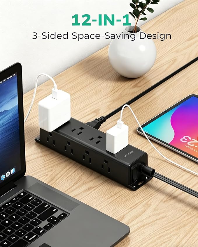 Surge Protector Power Strip - Widely Spaced Multi Outlets, Wall Mount, 3 Side Outlet Extender with Extension Cord, Flat Plug, Overload Protection, Home Office Dorm Room Essentials (5FT, Black)