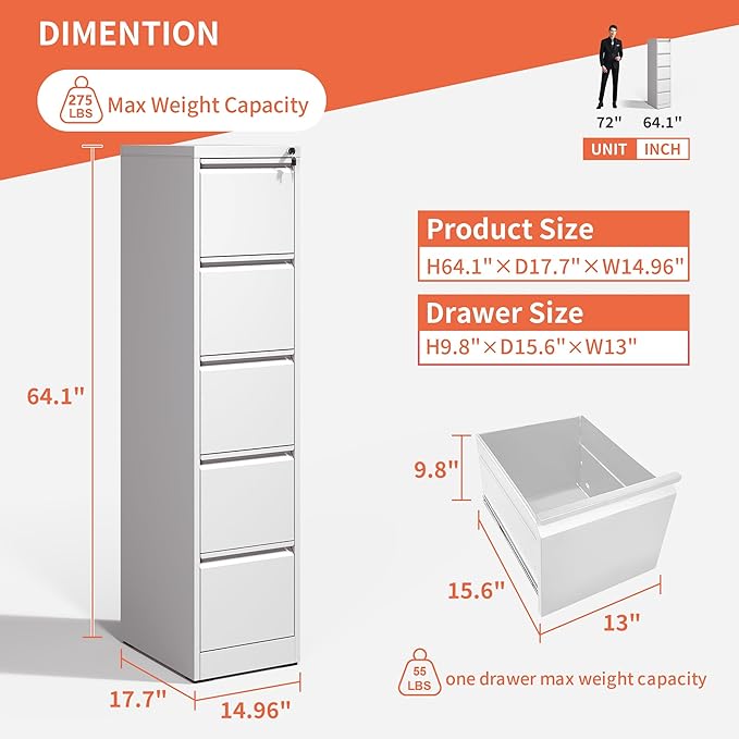 IKIMI 5 Drawer File Cabinet,Metal Filing Cabinets for Home Office,Vertical File Cabinet with Lock,Heavy Duty Metal Storage Cabinet for A4/Letter/Legal Size Files,Assembly Required