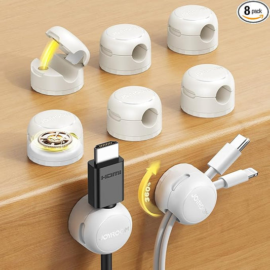 8-Pack JOYROOM Magnetic Cable Clips Organizer [Cord 360° Rotatable] Wire Keeper Holder with Strong Adhesive, Nightstand Desk Cable Management Phone Charger Holder for Car Wall Home Office Accessories