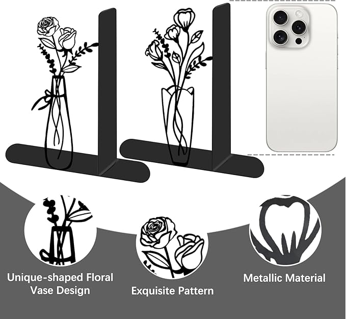 4 Pcs Floral Metal Bookends - Flowers Book Ends for Shelves Decorative, Home Office Desk Bookshelf Decor, Gift for Floral Lovers and Reading Enthusiasts, Reading Gifts for Women