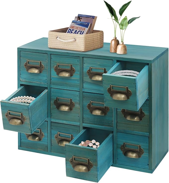 12 Drawer Drawers Storage Cabinet, Wooden Medicine Cabinet Desktop Drawer Organizer Herb Storage Box with Solid Wood Build & No Assembly for organize spices medicines jewelry cosmetics(Blue)