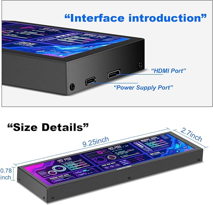 AISHICHEN 8.8 Inch LCD Display, Mini Monitor 1920x480 60Hz IPS Stretched Bar Monitor, PC Sensor Panel, AIDA64 Computer Temperature Secondary Screen with Mini HDMI & Adjustable Brightness