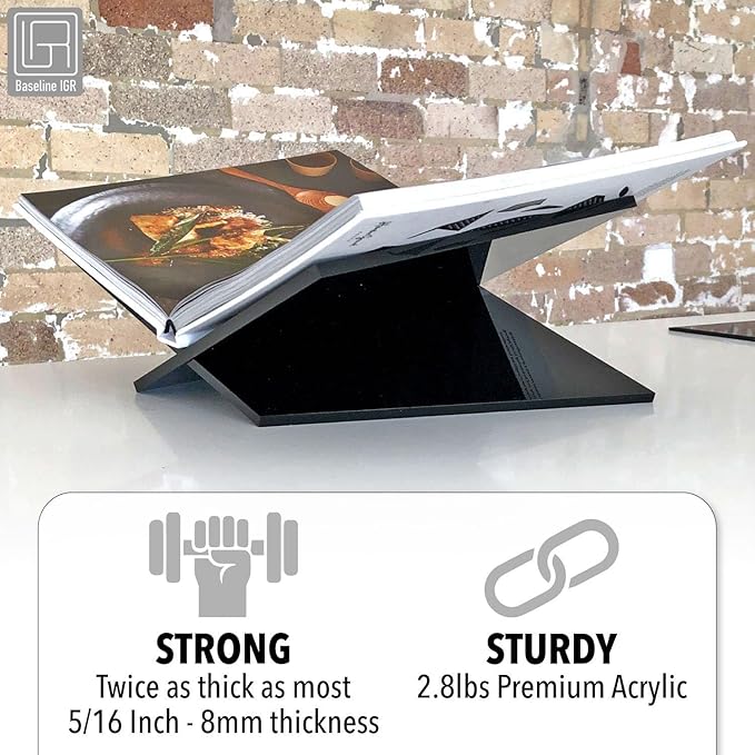 Large Black Acrylic Book Stand, 12.5" x 9.5" x 5.5”, Acrylic Book Holder, Open Bookstand for Display and Reading Cookbooks, Art Books, Bibles, Magazines - Home and Office