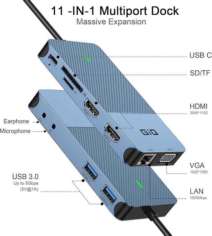 USB Docking Station GIQ USB C hub USB 3.0 to Dual HDMI VGA Adapter Triple Display USB C Laptop Docking Station Dual Display Compatible with MacBook M1 USB Dock-Blue