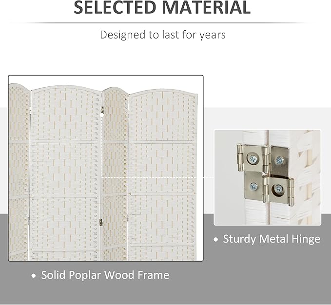 HOMCOM Room Divider 6 Panel, 6FT Tall Folding Privacy Screen, Freestanding Hand-Woven Partition for Room Separation with 360° Hinges, Paper Rope Diamond Weave, White