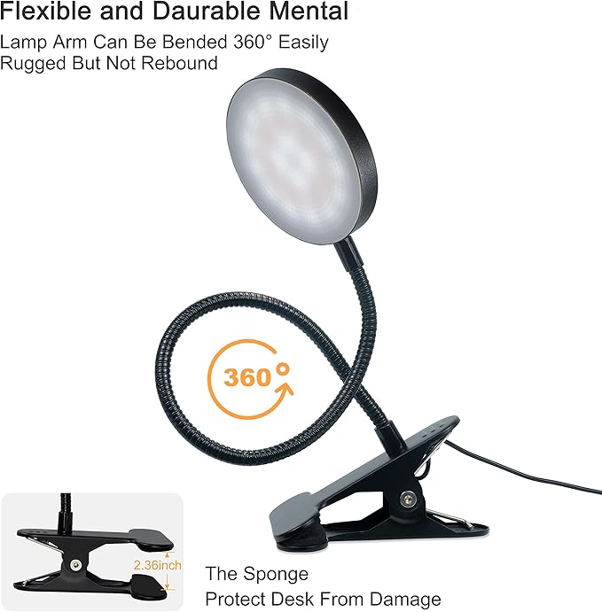 LiFMIRA Desk Lamp, 8W 66 LED Reading Light for Bed, Eye Caring Metal Clip Lamp, 5 Color 10 Brightness Levels, Memory Function, Flexible Desk Lamp, USB Powered, Includes 5V/2A UL Adapter