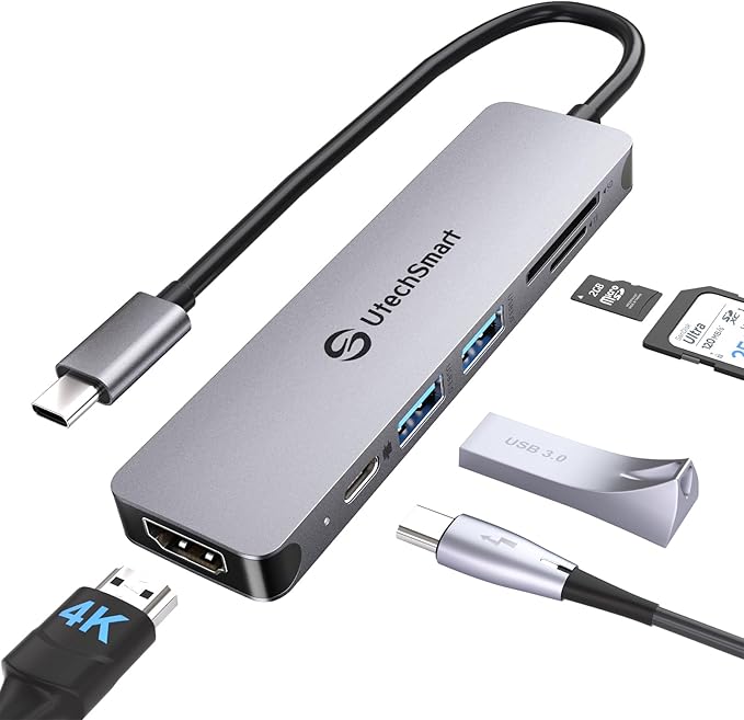 UtechSmart 6-in-1 USB-C Hub, 4K@60Hz HDMI Adapter for MacBook Pro/Air, Type-C Laptop Dongle (100W PD Port, SD/TF Card Reader, 2 USB 3.0 Ports)