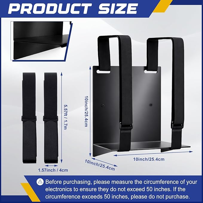 10 x 10 x 6 Inch PC Wall Mount CPU Holder Electronics Support Bracket Metal with Adjustable Strap for Computer, CPU, UPS, Cable Boxes, Tower Mounting Application, Black