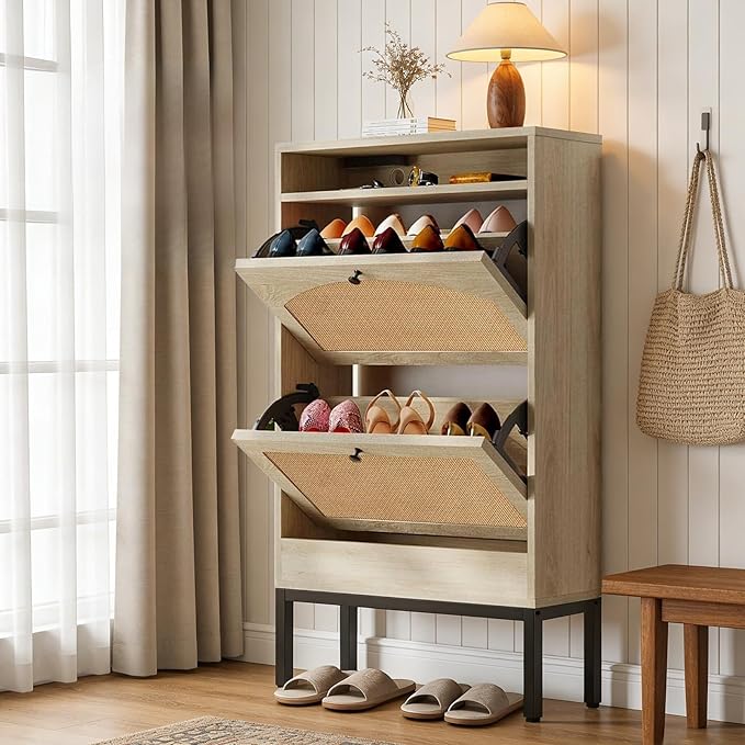 LUCKLIFE Shoe Cabinet with Charging Station, Flip Down Shoe Storage Organizer with Adjustable Shelves, Hidden Slim Shoe Rack with Anti-Tip Kit for Entryway or Hallway (Oak Rattan)