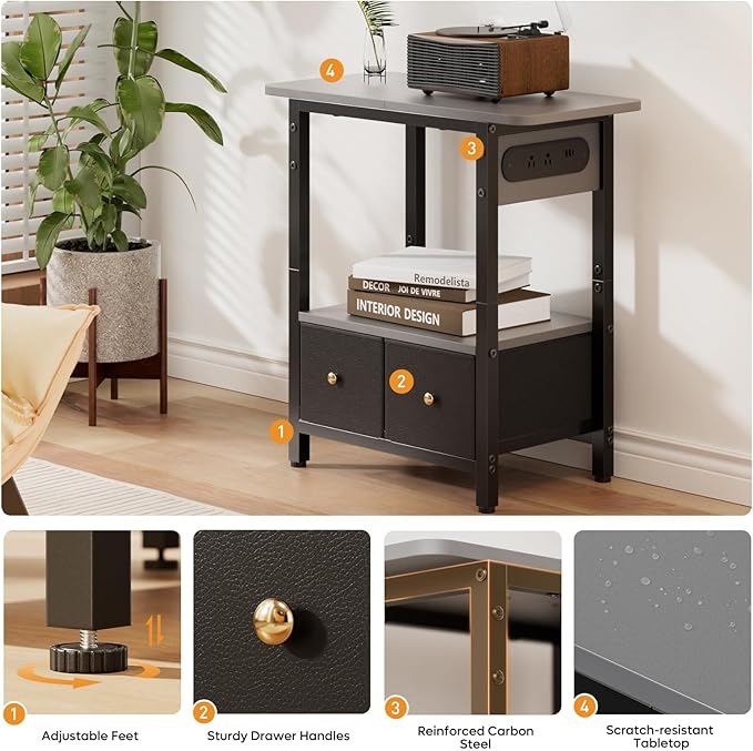 HLDIRECT Nightstand with Charging Station, Bedside Table with 2 Fabric Drawers and Large Storage Shelf for Small Space, End Table with Outlet and USB Ports for Living Room, Bedroom (Gray)