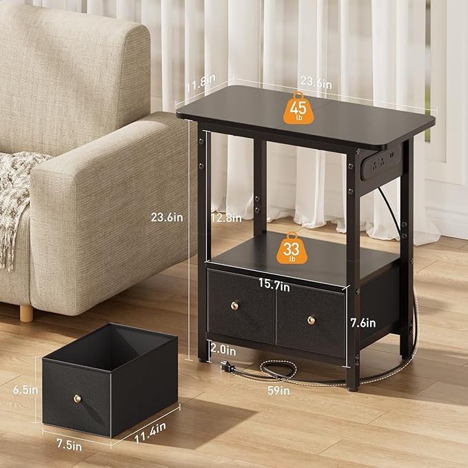 HLDIRECT Nightstand with Charging Station, Bedside Table with 2 Fabric Drawers and Large Storage Shelf for Small Space, End Table with Outlet and USB Ports for Living Room, Bedroom (Black)