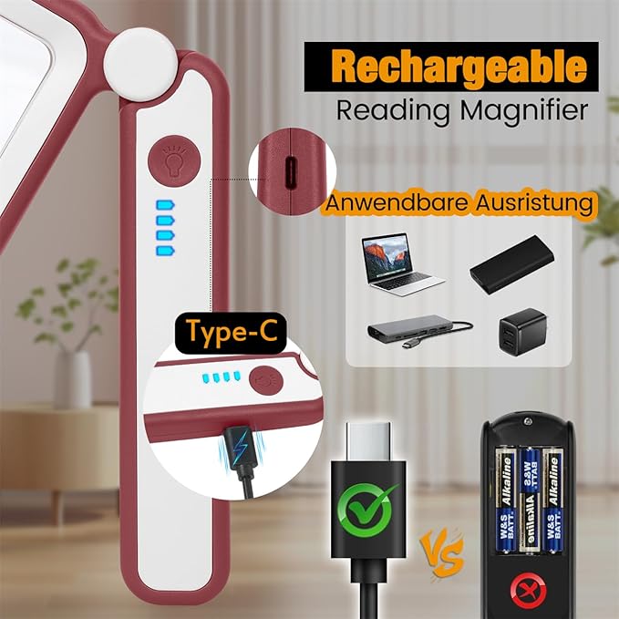 Rechargeable Magnifying Glass with Light for Reading, 5X Large Page Magnifier with LED Lighted for Seniors Low Vision, Folding Handheld Rectangle Magnifier for Reading Small Print, Red-White