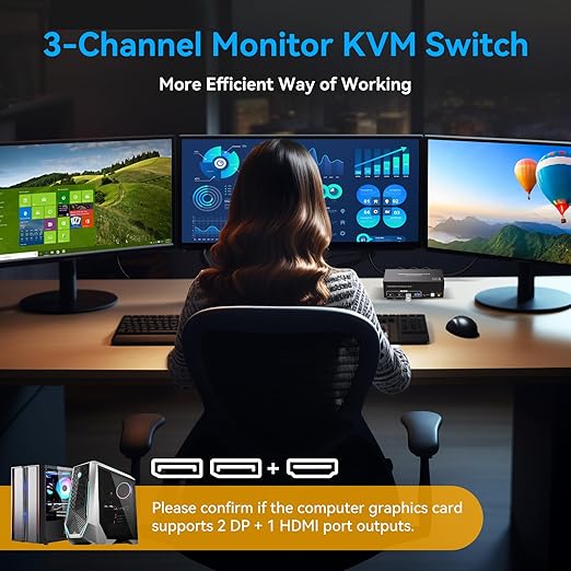 8K KVM Switch 3 Monitors 2 Computers 8K 60Hz 4K 120Hz KVM Switches HDMI+2 Displayport for Two PC Share Triple Monitor and 4 USB 3.0 Devices Support Extended and Duplicate Mode-2DP+HDMI-15.5CM