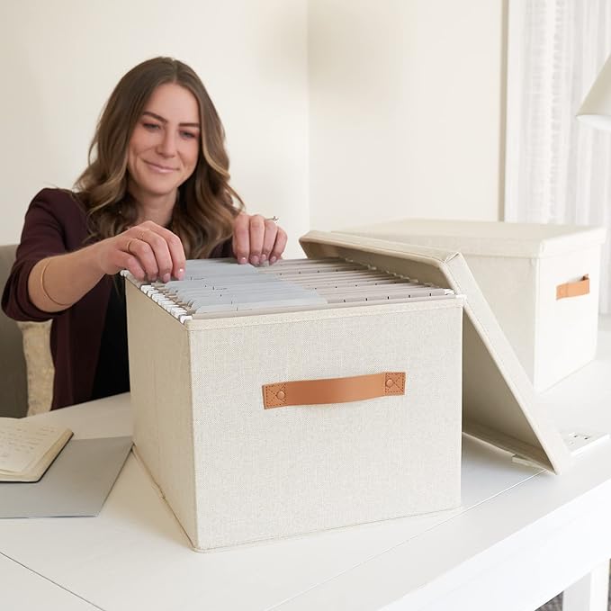 ZICOTO Decorative File Organizer Box Set of 2 - Collapsible Linen Filing Cabinets with Handles Are Perfect to Store All Your Documents & Hanging File Folders - Portable Easy Slide Crates with Lid