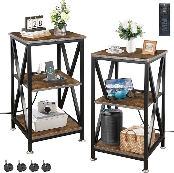 End Tables Living Room Set of 2, Square End Table with Charging Station, 16" D X 16" W X 28" H, Wood and Metal Table with USB Ports and Outlets, Side Table with Wheels for Living Room, Bedroom